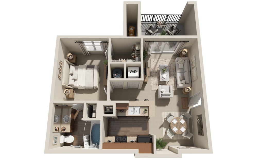 A0 - 1 bedroom floorplan layout with 1 bathroom and 637 square feet (3D)