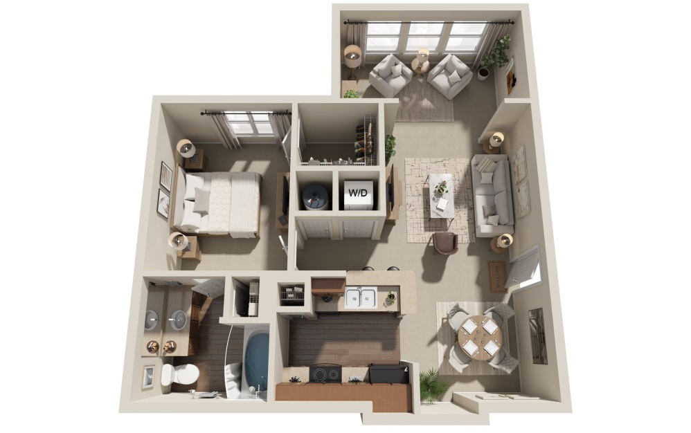 A0S - 1 bedroom floorplan layout with 1 bathroom and 757 square feet (3D)
