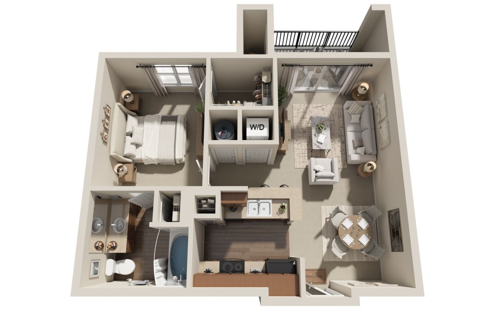 A1 - 1 bedroom floorplan layout with 1 bathroom and 637 square feet (3D)