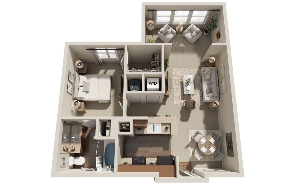 A1S - 1 bedroom floorplan layout with 1 bathroom and 757 square feet (3D)