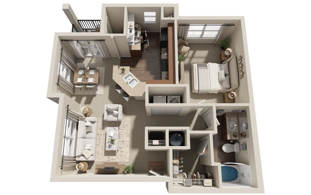 A2 - 1 bedroom floorplan layout with 1 bathroom and 825 square feet (3D)