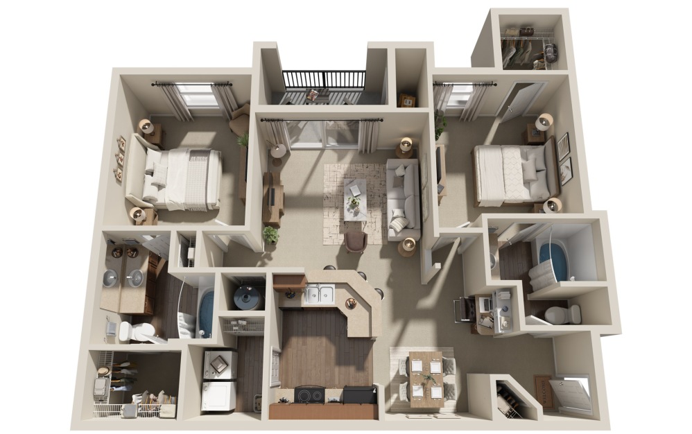 #0114 - 2 bedroom floorplan layout with 2 bathrooms and 1134 square feet (3D)