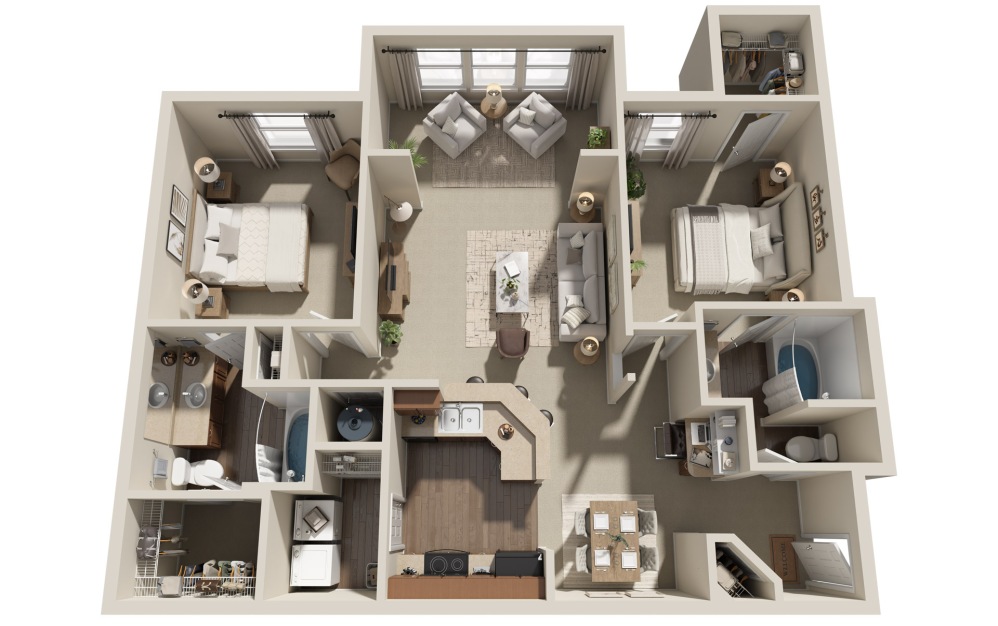B2S - 2 bedroom floorplan layout with 2 bathrooms and 1256 square feet (3D)