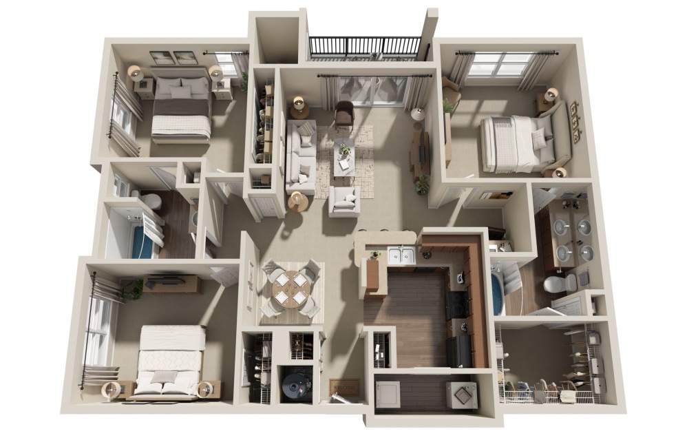 C1 - 3 bedroom floorplan layout with 2 bathrooms and 1417 square feet (3D)