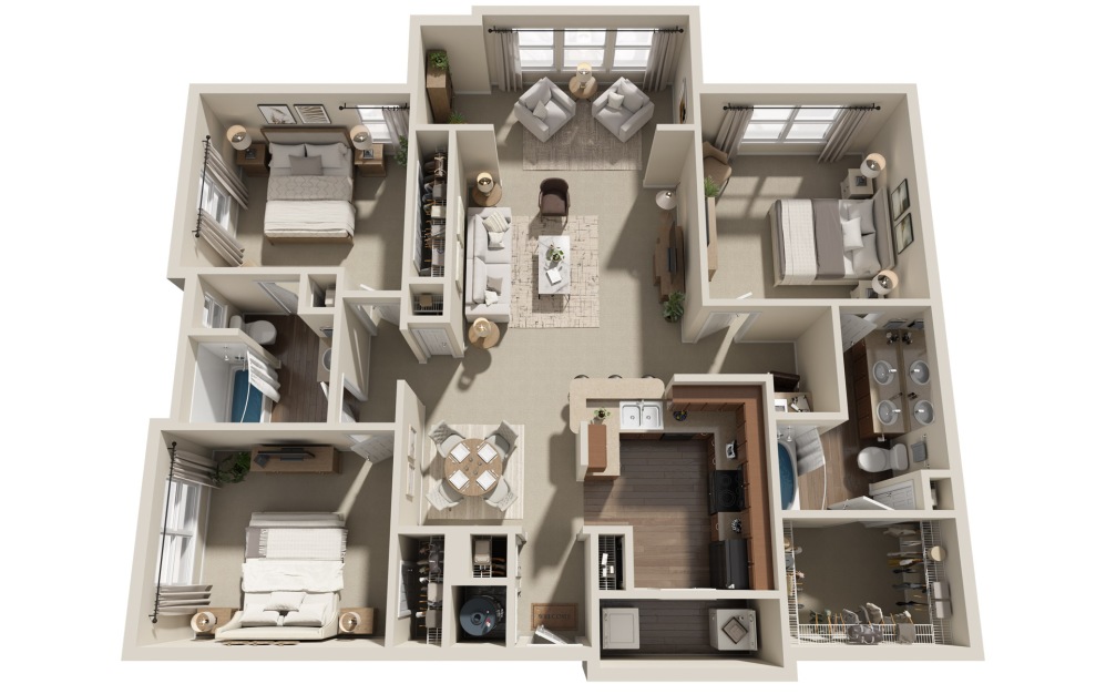 C1S - 3 bedroom floorplan layout with 2 bathrooms and 1555 square feet (3D)
